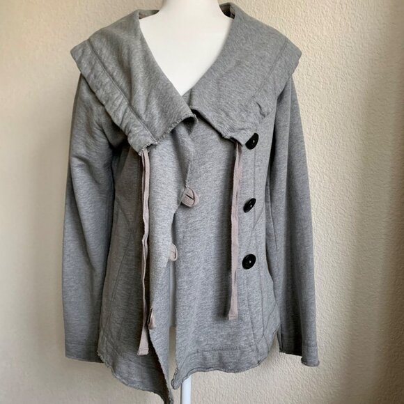 LUCKY BRAND Shrunken Grey Cotton Knit Jacket with Drawstring Collar L - Picture 7 of 8